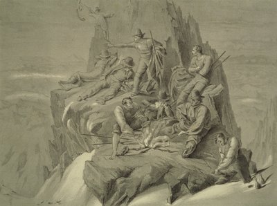 Rast auf einem Vorsprung, aus Zehn Szenen beim letzten Aufstieg auf den Mont Blanc, einschließlich fünf Ansichten vom Gipfel, von J.D.H. Browne, veröffentlicht 1853 von English School